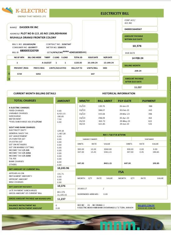 PAKISTAN K-ELECTRIC LIMITED rachunek za usługi komunalne Word i szablon PDF